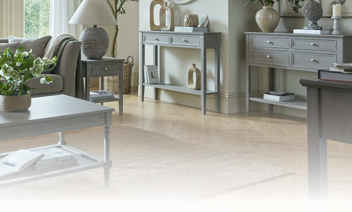 Serene Collection furniture set featuring a woven rattan console table and coffee table with a soft washed wood finish.