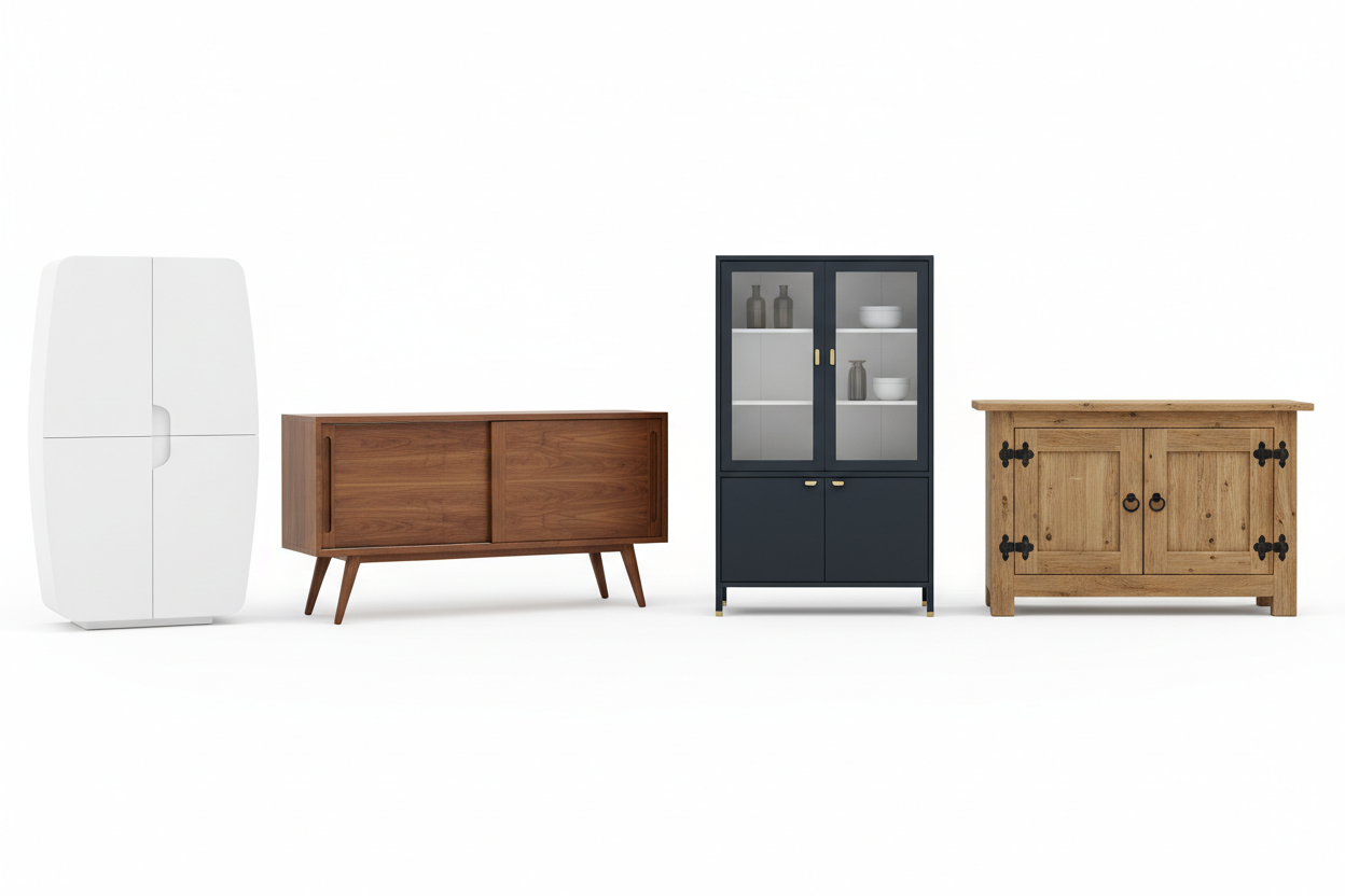 A curated collection of solid wood sideboards and cabinets featuring hand-carved mango wood patterns, luxury gold inlays, and modern minimalist silhouettes.