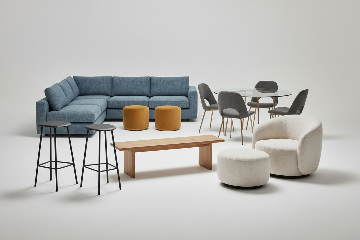 A premium collection of designer seating featuring luxury bouclé sofas, solid wood dining chairs, and top-grain leather barstools.