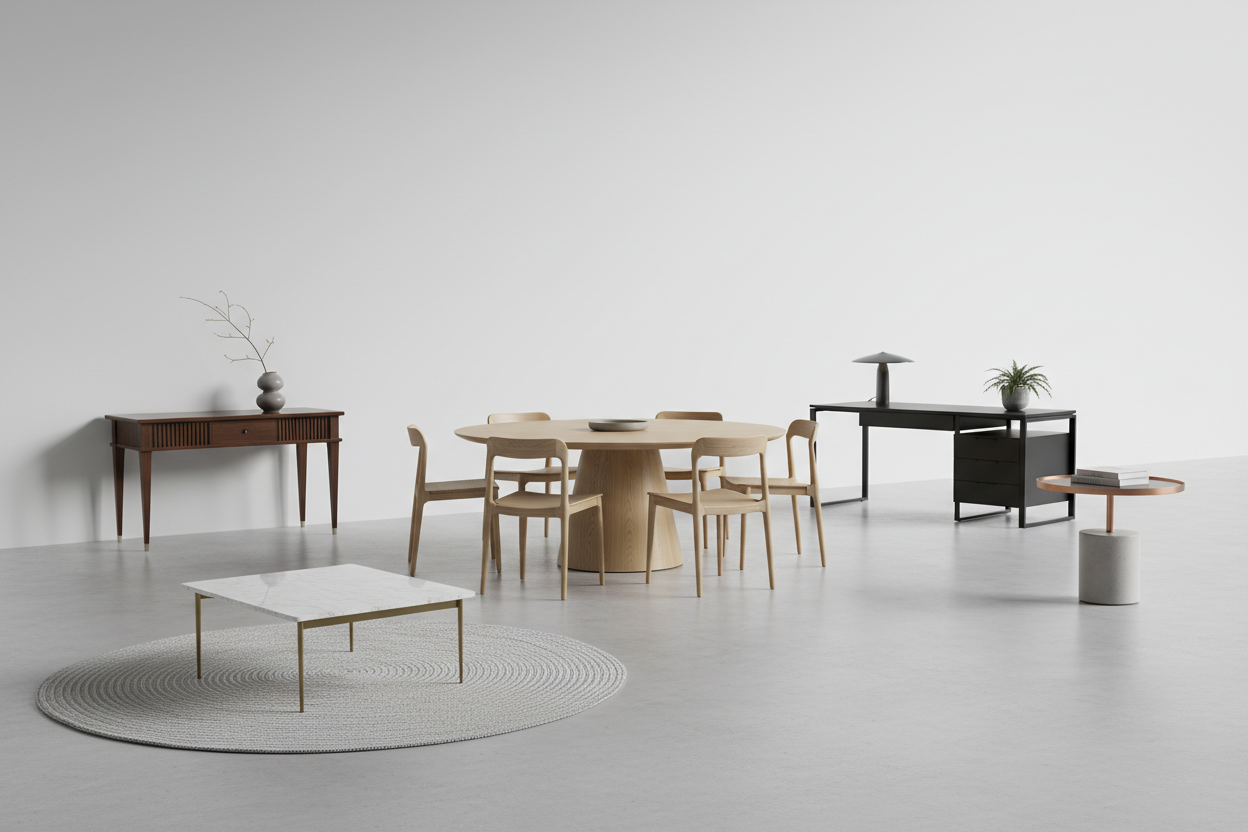 A premium collection of designer tables featuring a solid mango wood dining table, a luxury gold-inlay console, and a sculptural glass-top coffee table