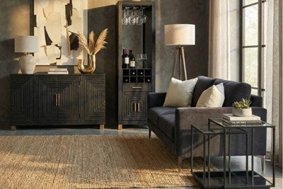 Lennox Furniture Collection featuring a contemporary pine wood console table with metallic finishes in a minimalist living room.