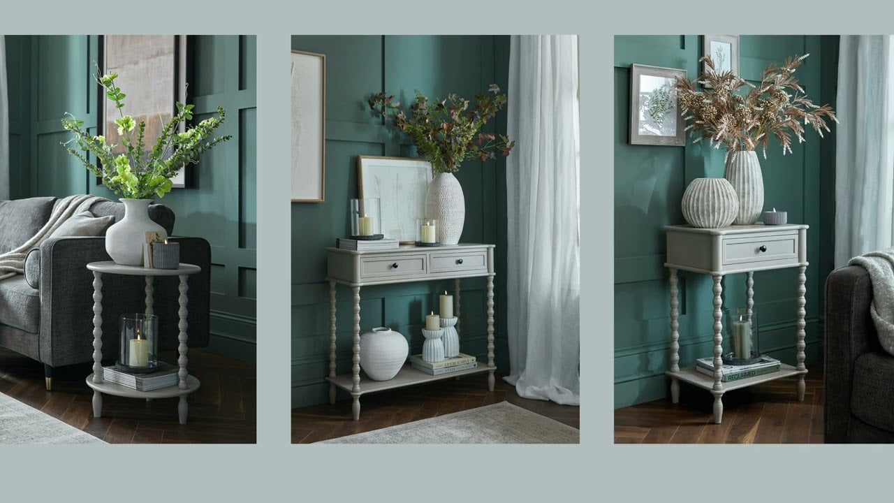 odern Camden Collection furniture featuring the unique pebble leg design on a console table and chest of drawers.