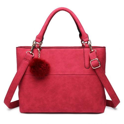 Miss Lulu PomPom Suede Shoulder Bag Claret