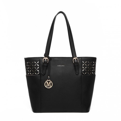 MISS LULU LASER CUT OUT TOTE SHOPPER BAG - BLACK