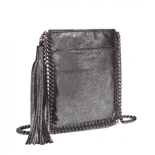 Miss Lulu Leather Look Chain Shoulder Bag with Tassel Pendant - Silver