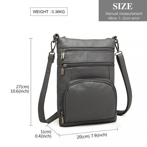 Miss Lulu Multi Pocket Leather Look RFID - Blocking Cross Body Bag - Grey