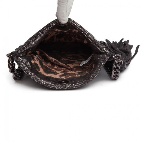 Miss Lulu Leather Look Chain Shoulder Bag with Tassel Pendant - Silver