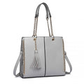 LT1821 GY - Miss Lulu Faux Leather Tassel Chain Tote Handbags Grey