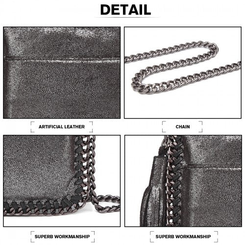 Miss Lulu Leather Look Chain Shoulder Bag with Tassel Pendant - Silver