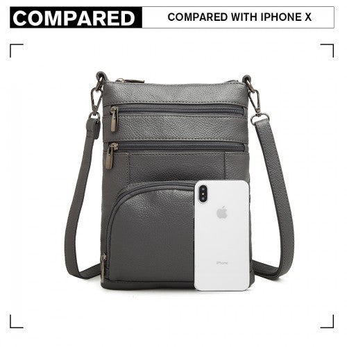 Miss Lulu Multi Pocket Leather Look RFID - Blocking Cross Body Bag - Grey
