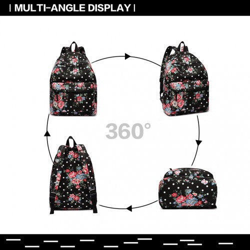 Miss Lulu Large Backpack Flower Polka Dot - Black