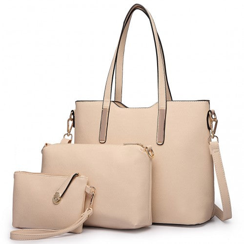 Miss Lulu Three Piece Tote Shoulder Bag And Clutch - Beige