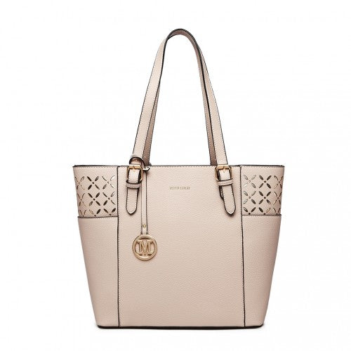 MISS LULU LASER CUT OUT TOTE SHOPPER BAG - BEIGE