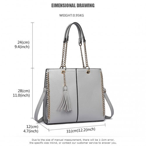 LT1821 GY - Miss Lulu Faux Leather Tassel Chain Tote Handbags Grey