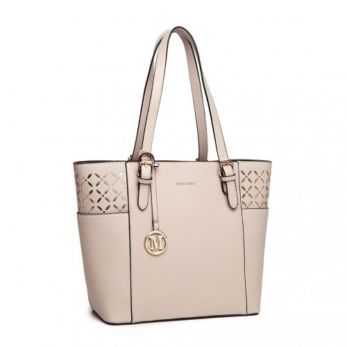MISS LULU LASER CUT OUT TOTE SHOPPER BAG - BEIGE