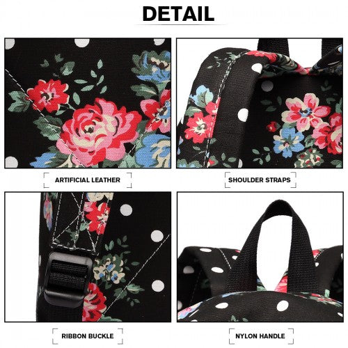 Miss Lulu Large Backpack Flower Polka Dot - Black