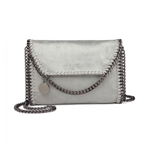 Miss Lulu Leather Look Chain Fold-over Shoulder Bag - Grey