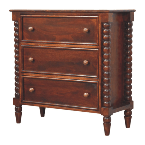 Spindle Winewood 3 Drawer Chest in Solid Wood - Handmade Vintage Elegance