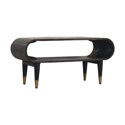 Curved Edge Media with Brass Accents - Solid Mango Wood TV Stand in Carbon Ash
