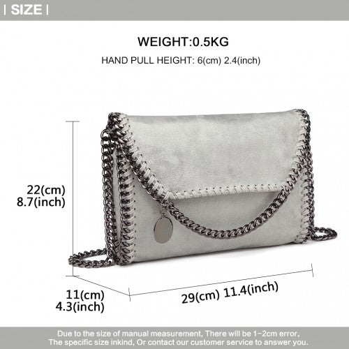 Miss Lulu Leather Look Chain Fold-over Shoulder Bag - Grey