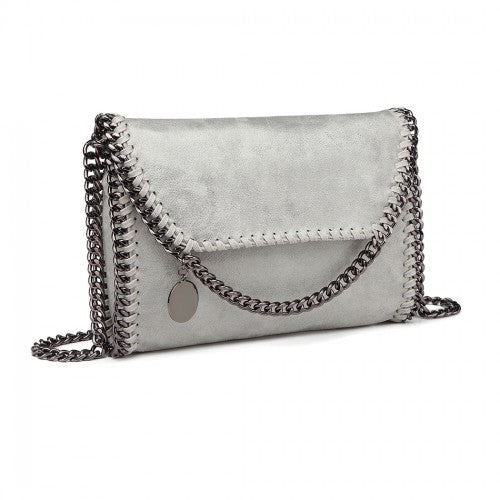 Miss Lulu Leather Look Chain Fold-over Shoulder Bag - Grey
