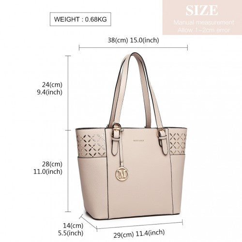 MISS LULU LASER CUT OUT TOTE SHOPPER BAG - BEIGE