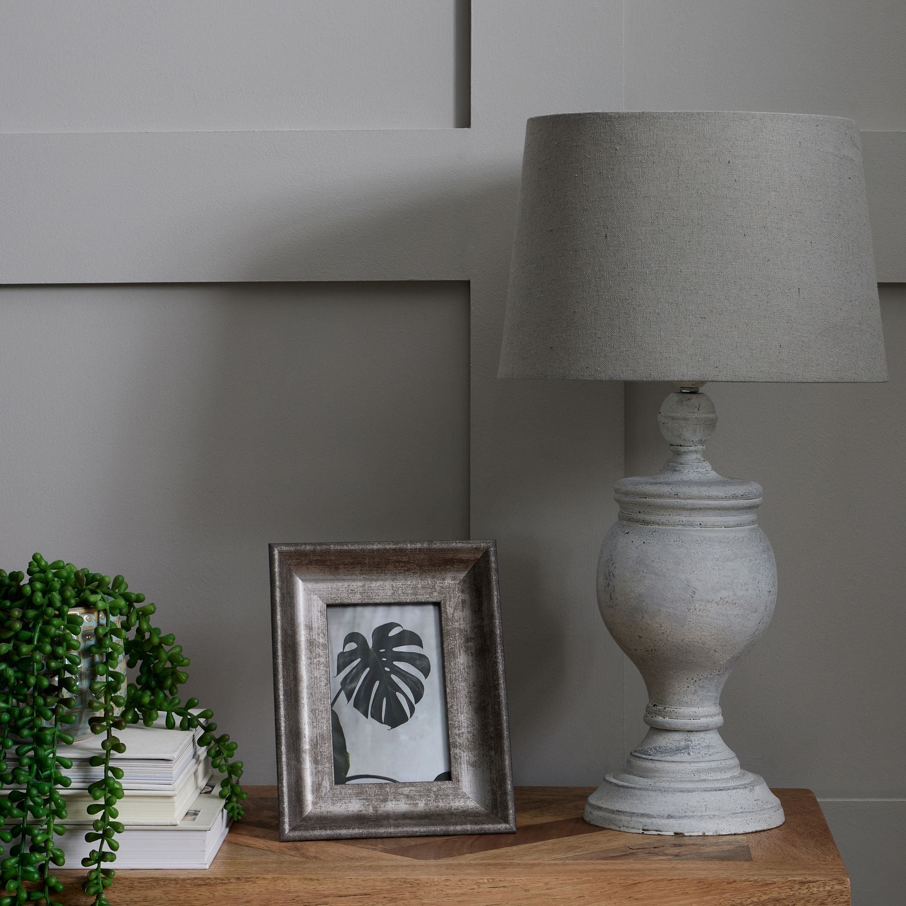 Uthina Grey Table Lamp – Neutral Tone with Linen Shade | Modern Minimalist Lighting