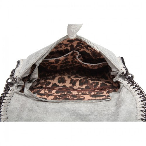 Miss Lulu Leather Look Chain Fold-over Shoulder Bag - Grey