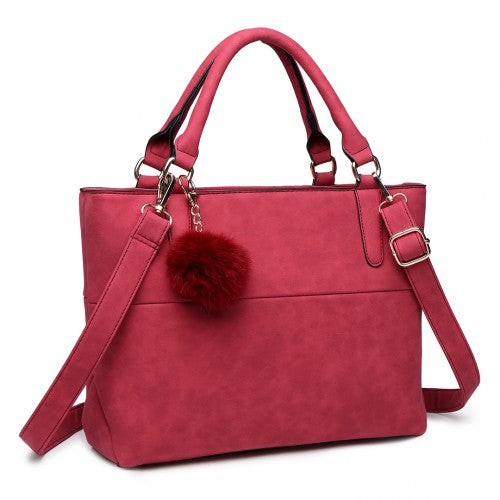 Miss Lulu PomPom Suede Shoulder Bag Claret