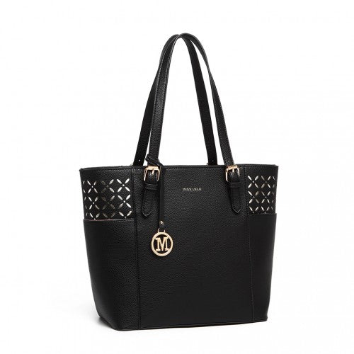 MISS LULU LASER CUT OUT TOTE SHOPPER BAG - BLACK