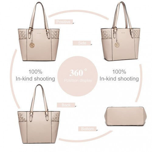 MISS LULU LASER CUT OUT TOTE SHOPPER BAG - BEIGE