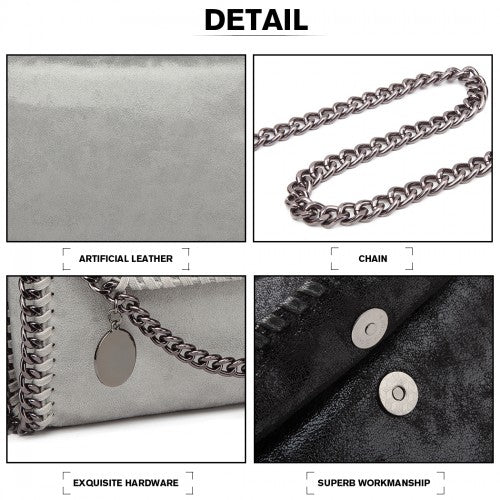 Miss Lulu Leather Look Chain Fold-over Shoulder Bag - Grey