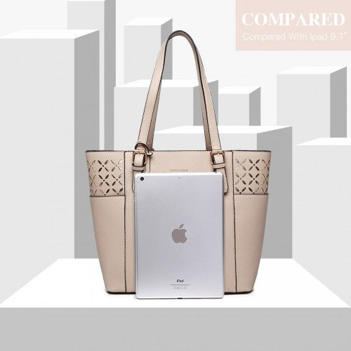 MISS LULU LASER CUT OUT TOTE SHOPPER BAG - BEIGE