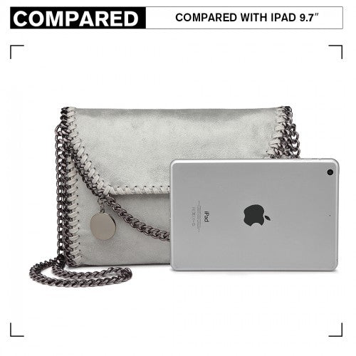 Miss Lulu Leather Look Chain Fold-over Shoulder Bag - Grey