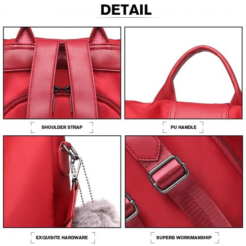 Miss Lulu Two Way Backpack Shoulder Bag with Pom Pom Pendant - Red