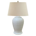 Woven Ceramic Table Lamp – White Chevron Texture with Linen Shade | Coastal & Farmhouse Style