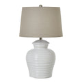 White Ceramic Pot Lamp with Linen Shade – Elegant Ribbed Base Lighting