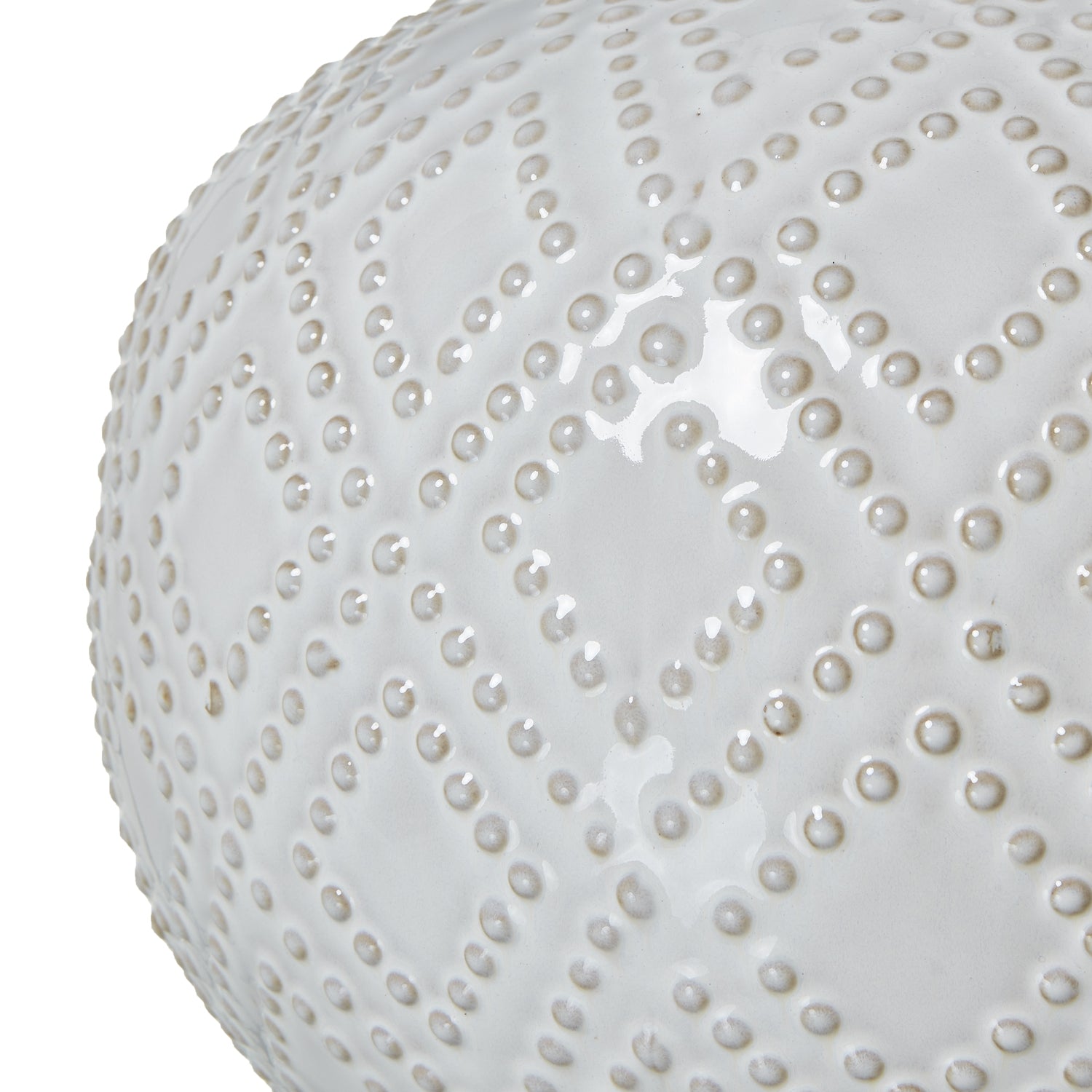 Squat White Beaded Ceramic Lamp with Linen Shade – Elegant Coastal & Boho Lighting