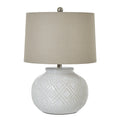 Squat White Beaded Ceramic Lamp with Linen Shade – Elegant Coastal & Boho Lighting