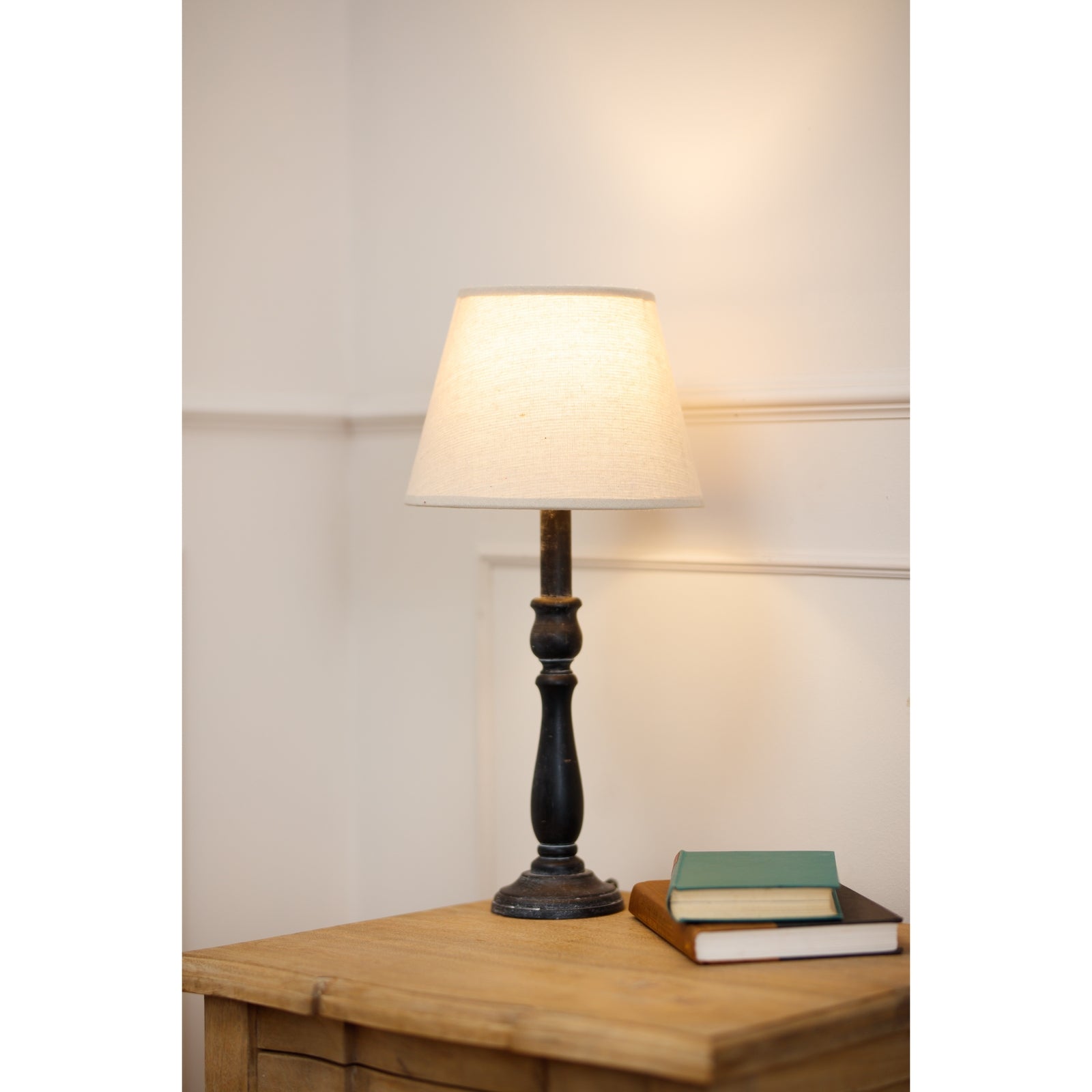 Ravenna Column Table Lamp with Distressed Black Base & Linen Shade