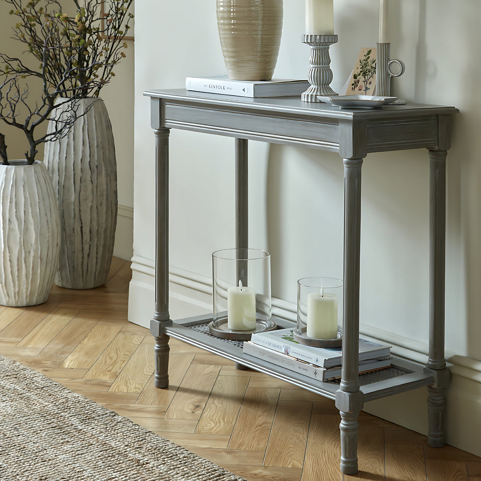 Serene Grey Console Table Rattan Weave Slim Hallway Sideboard Modern Scandi Unit