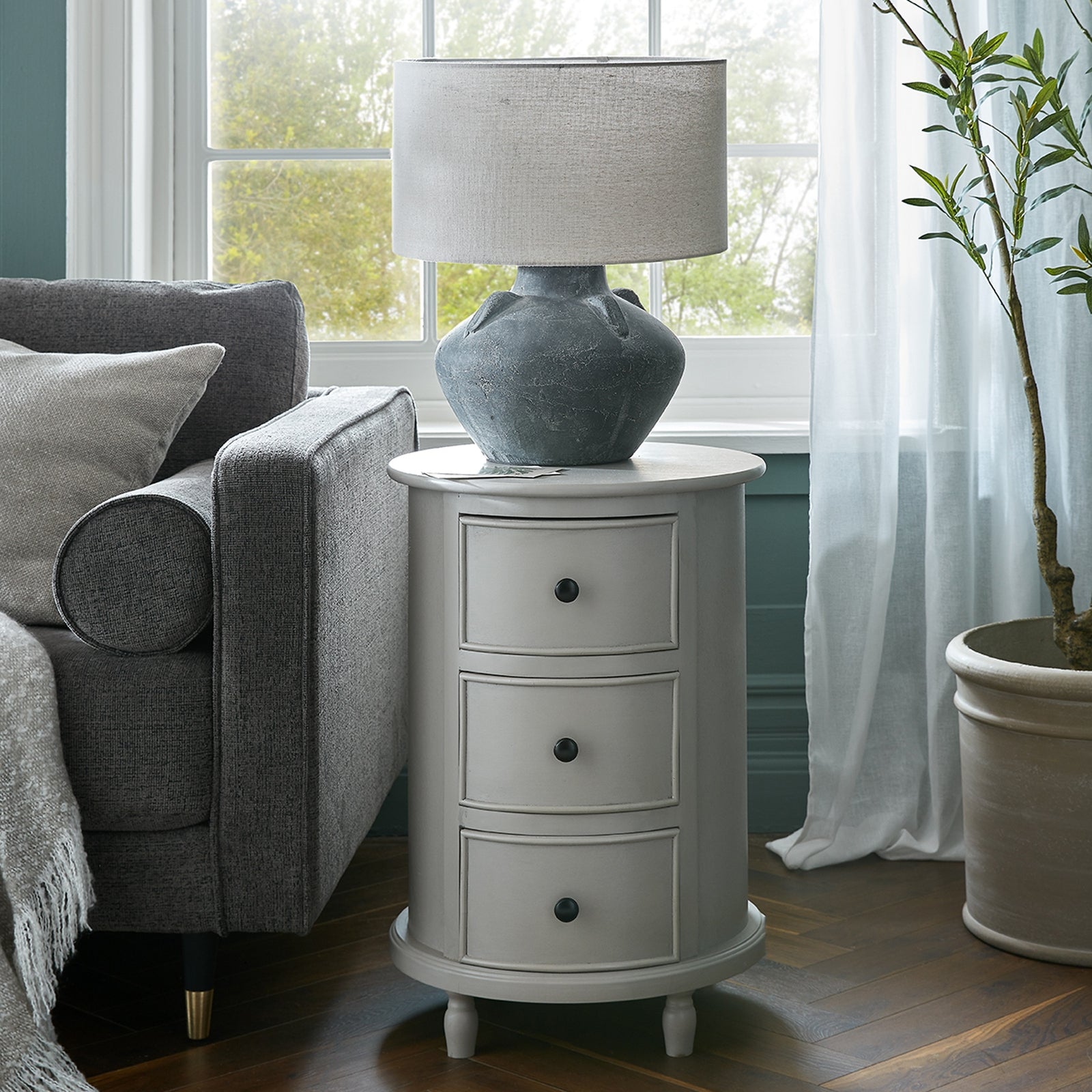 The Camden Collection Round 3 Drawer Side Table – Elegant Circular Storage for Stylish Homes