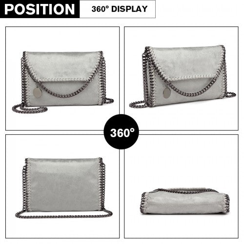 Miss Lulu Leather Look Chain Fold-over Shoulder Bag - Grey