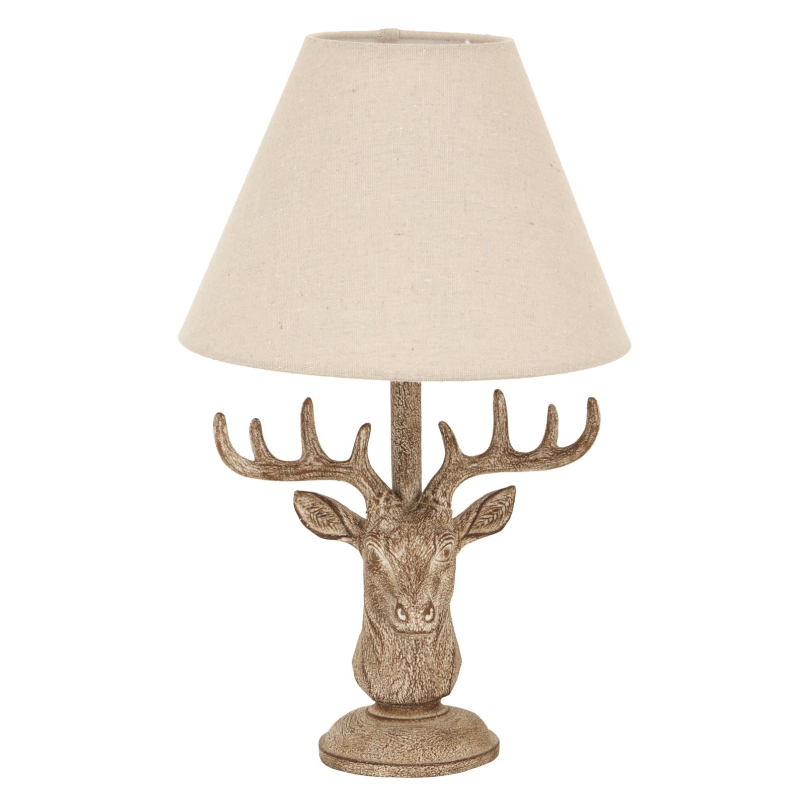 Stonewashed Stag Head Table Lamp – Wildlife-Inspired Design with Linen Shade | Rustic Modern Lighting
