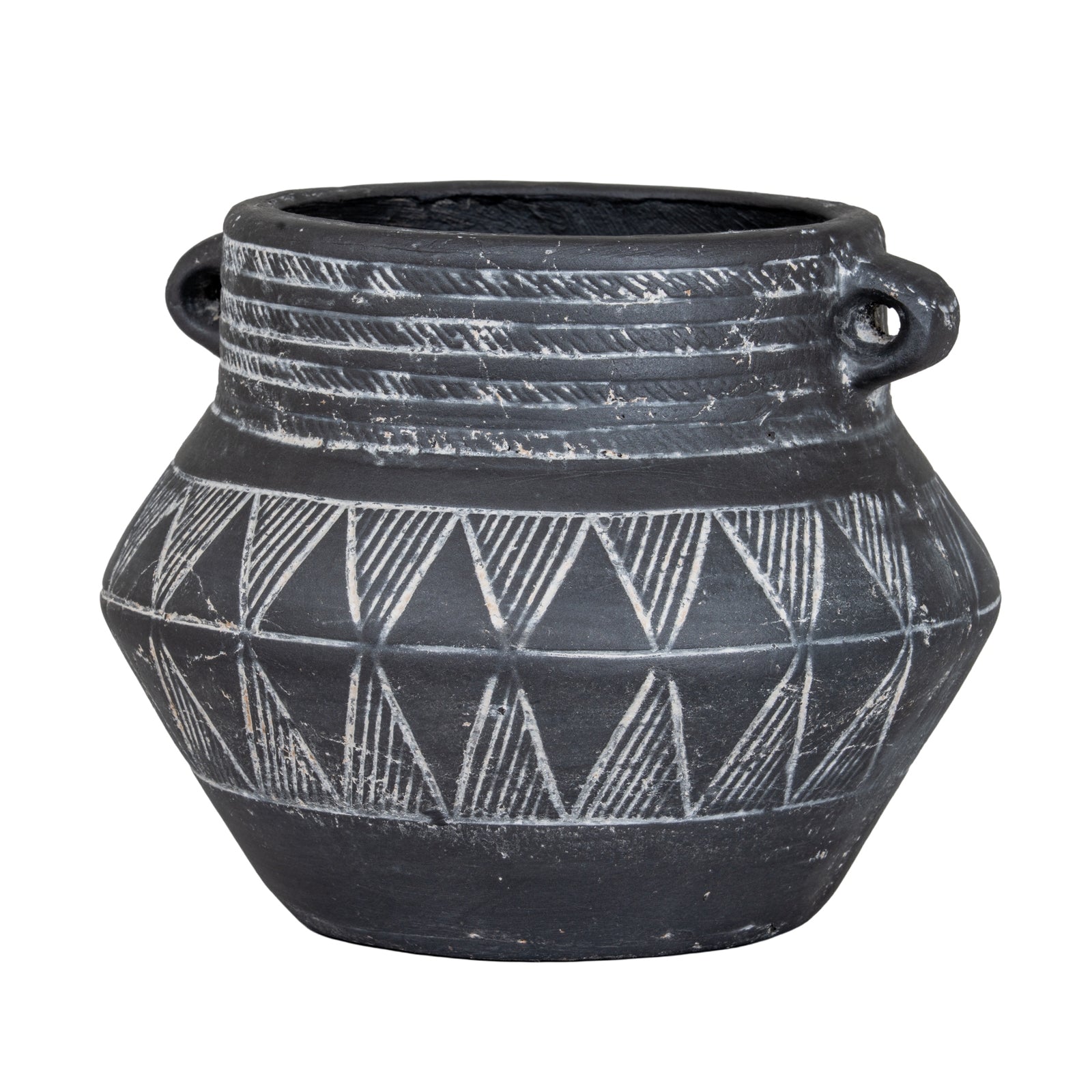 Etched Collection Pot With Handle - Textured Stoneware Pot