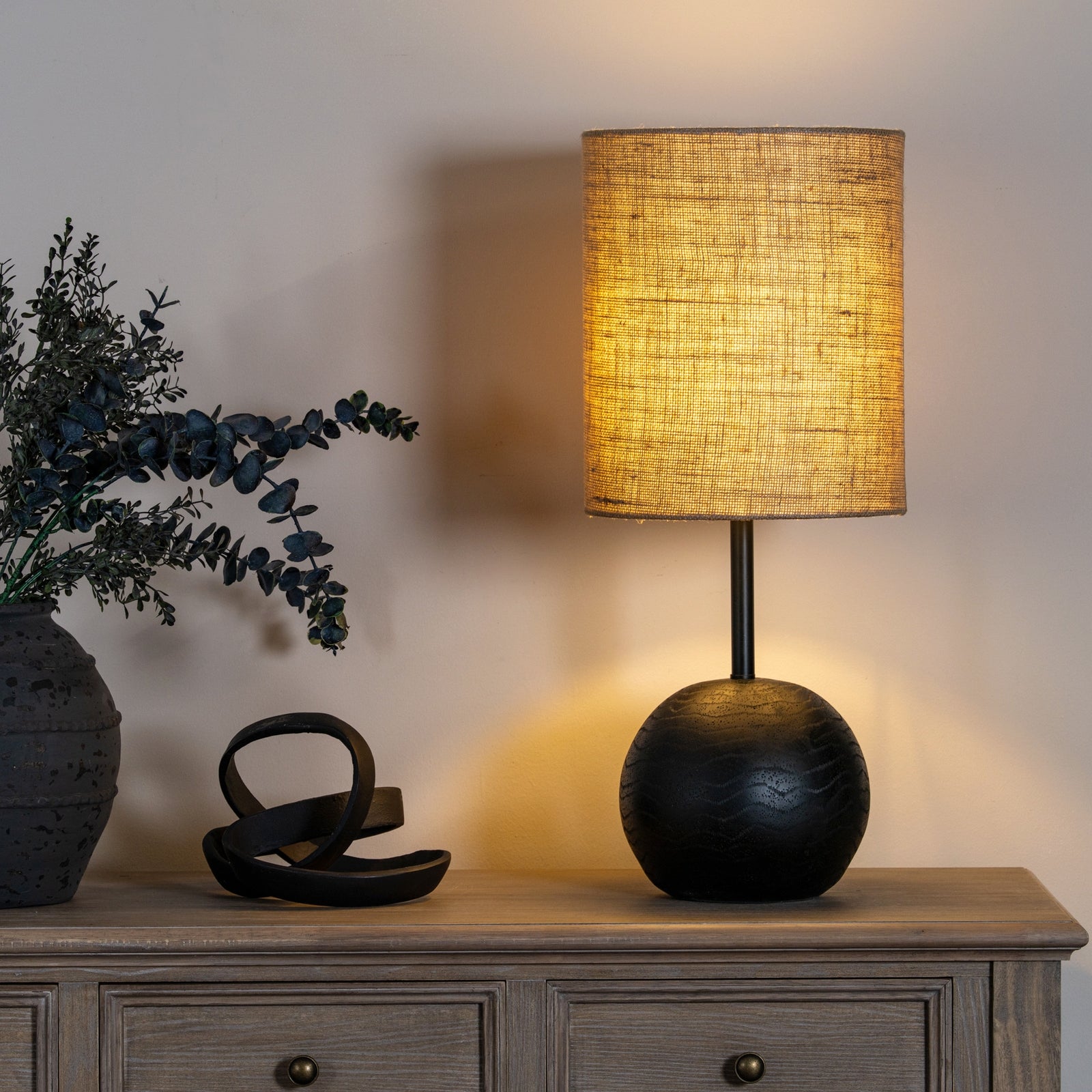 Black Cannon Table Lamp with Hessian Shade – 61cm