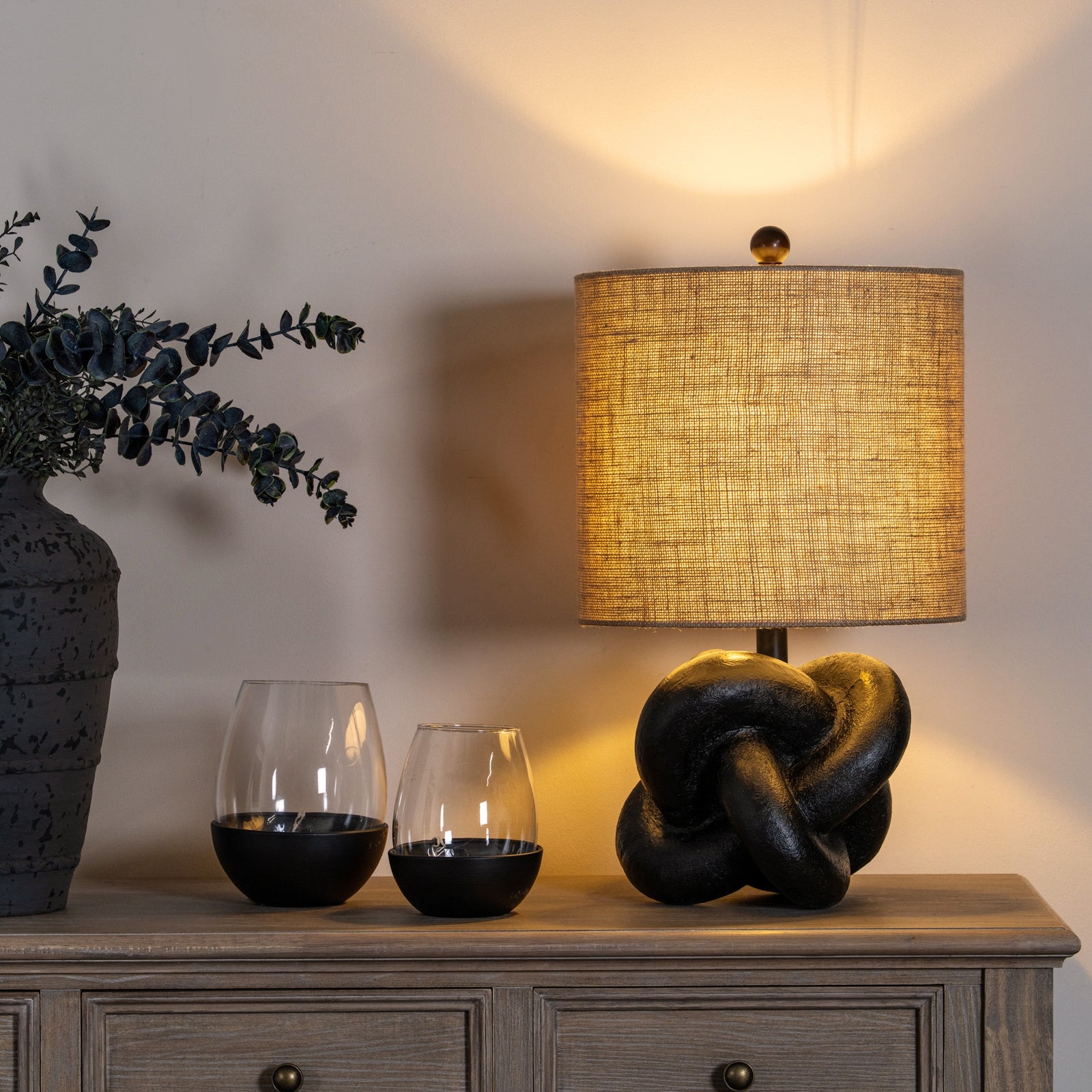 Black Knot Table Lamp with Natural Hessian Shade – Architectural Metal Lighting (51cm)