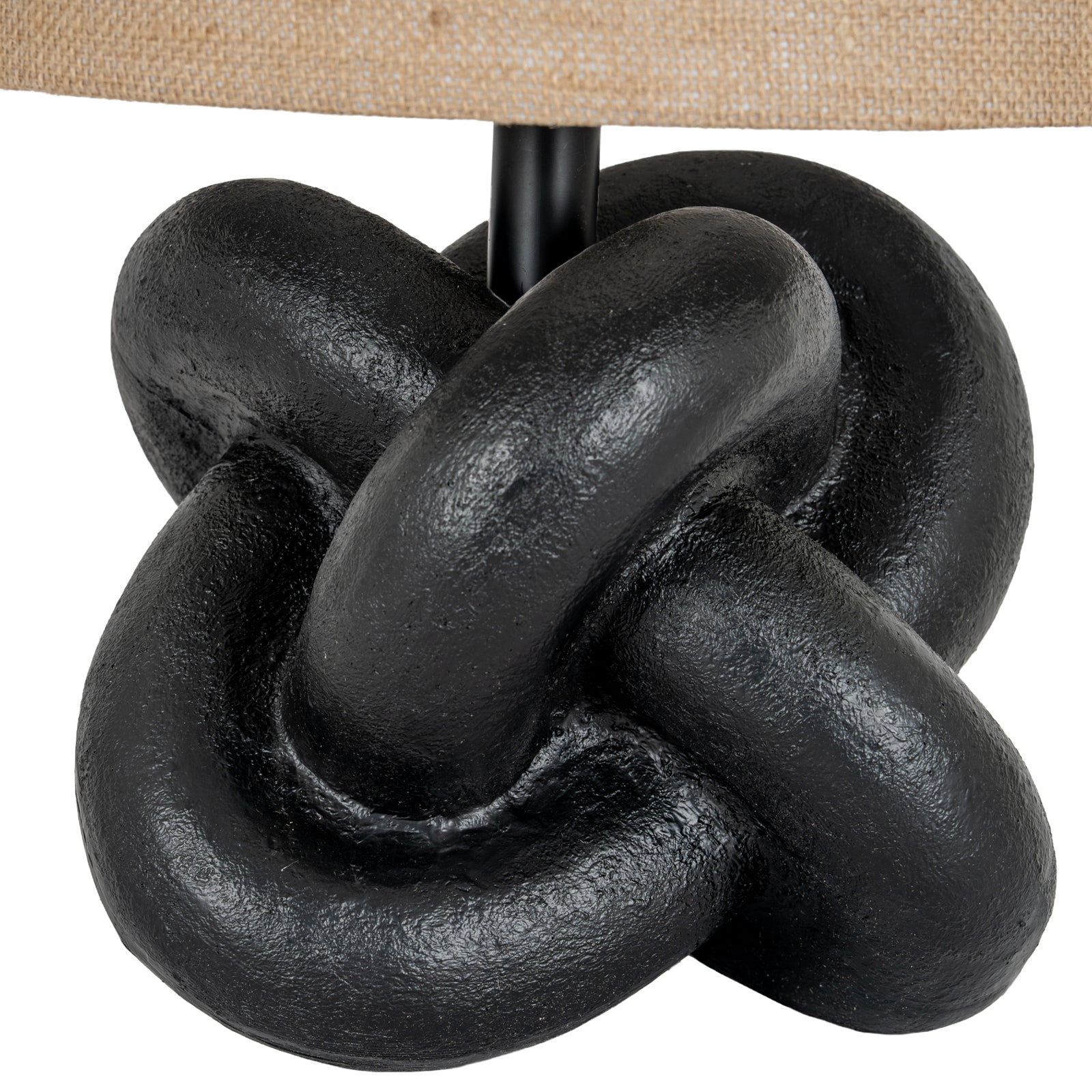 Black Knot Table Lamp with Natural Hessian Shade – Architectural Metal Lighting (51cm)