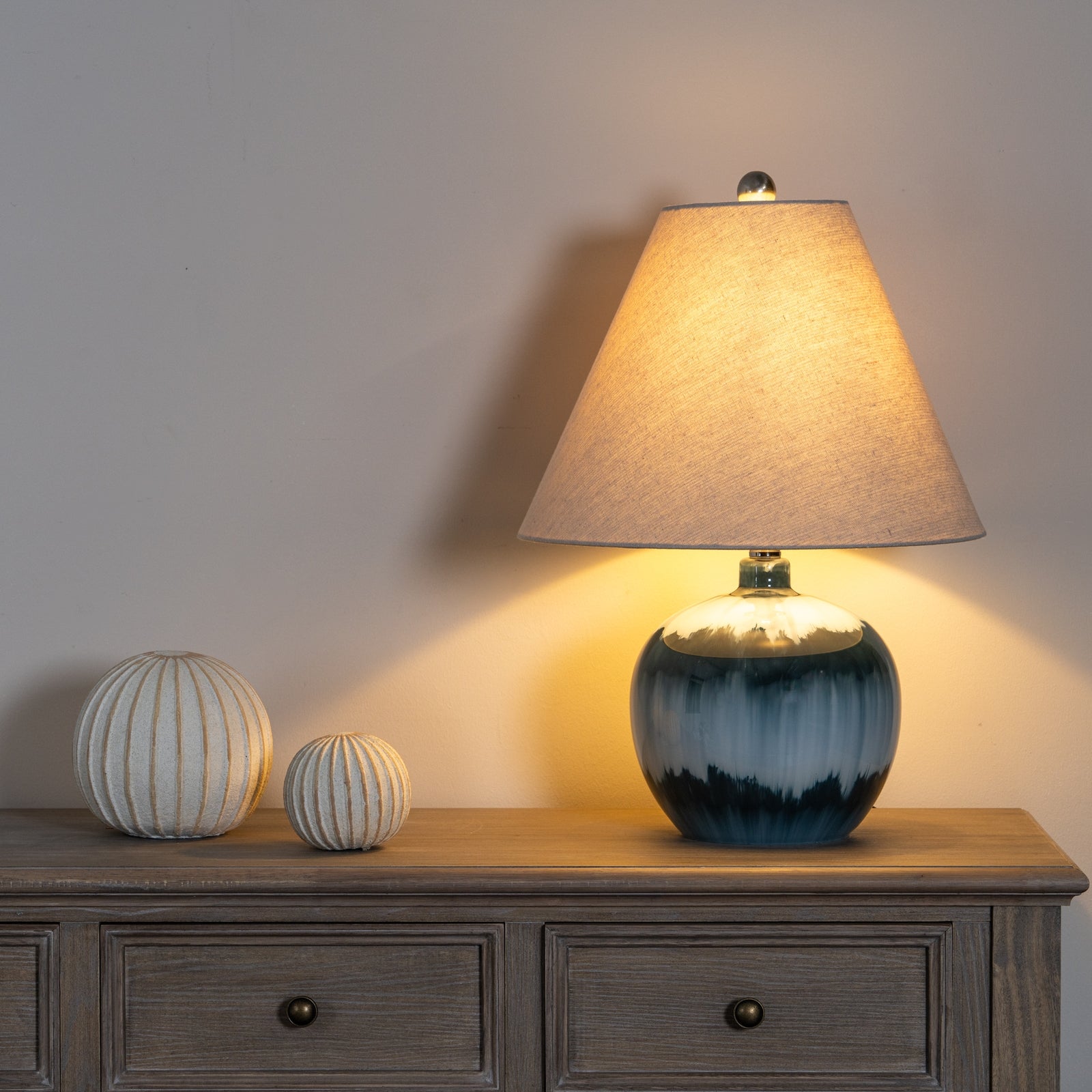 Ocean Shadows Squat Blue Table Lamp with Linen Shade – 55cm