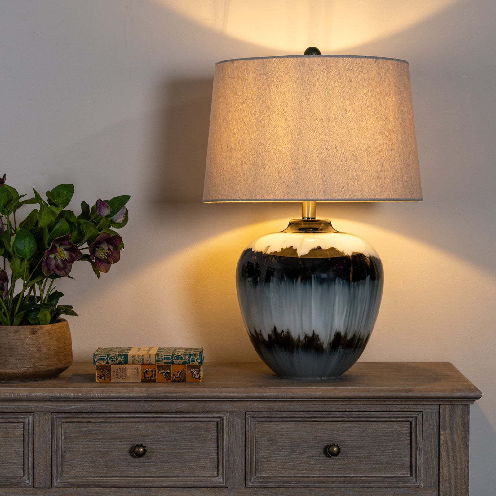 Midnight Shadows Squat Black Table Lamp with Linen Shade – 61cm